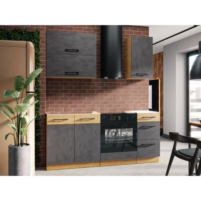 Cocina completa ROCK L180 cm - 5 módulos + mueble para horno - Acabado en melamina color roble Lancelot y gris Matera - Encimera antiadherente