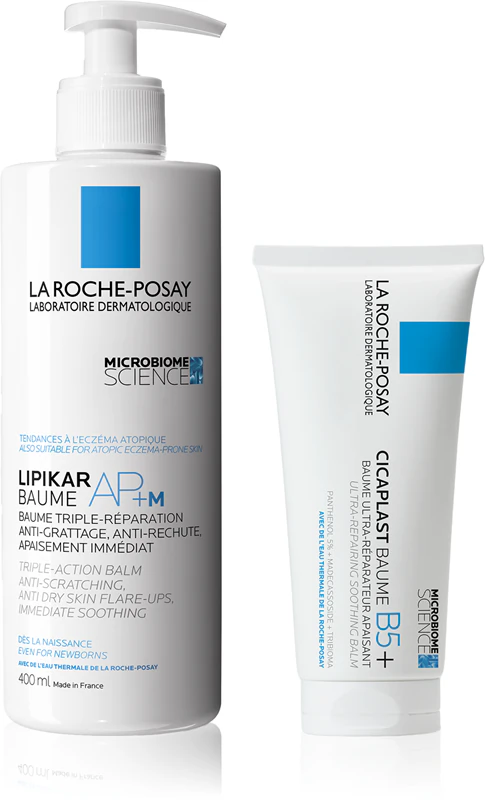 Kit de cuidados La Roche-Posay Lipikar + Cicaplast, embalagem prática para acalmar a pele.