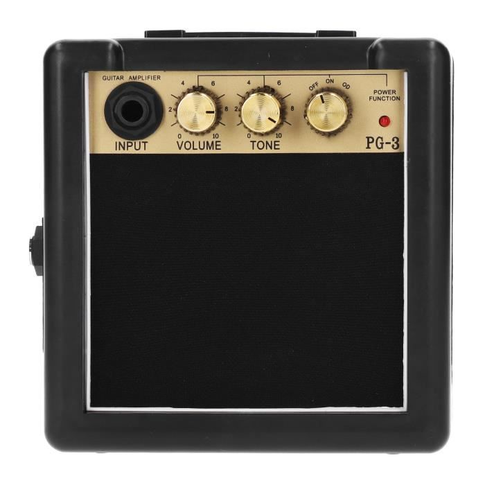 Gitaarversterker, draagbare gitaar- en basversterker, zwart en goudkleurig metaal, voor beginnende muziekliefhebbers.