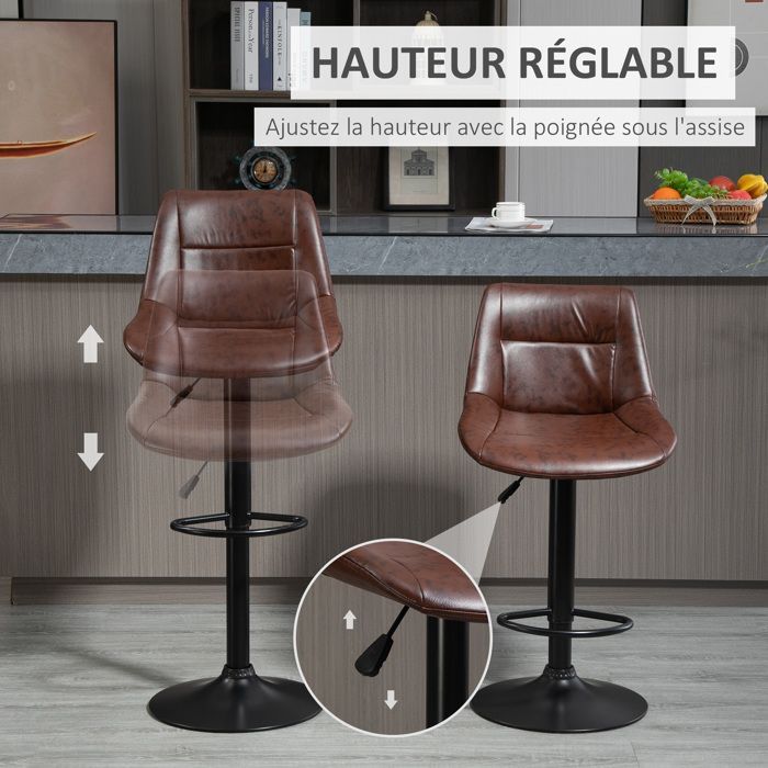 Tabourets de bar vintage - HOMCOM - lot de 2 réglable pivotant repose-pied cuisine bistro - synthétique - marron effet vieilli