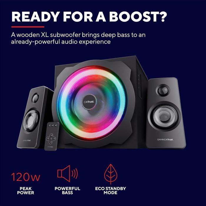 Sistema de altavoces para juegos de PC Trust Gaming GXT 629 Tytan RGB 2.1 con subwoofer de 120 vatios