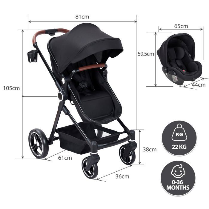 LUNSY - Cochecito doble - Hasta 30 kg - Paquete de cochecito y capazo - 0-36 meses - Asientos reversibles - Negro