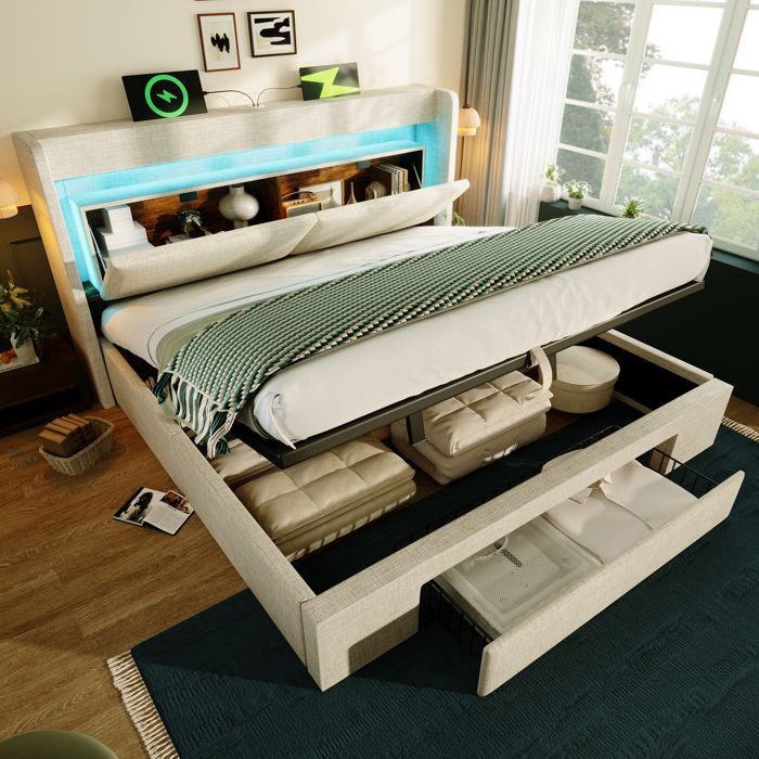 Opbergbed 180x200 cm - Gestoffeerd tweepersoonsbed met ledverlichting en USB-aansluiting, opbergvak, matras niet inbegrepen, beige linnen
