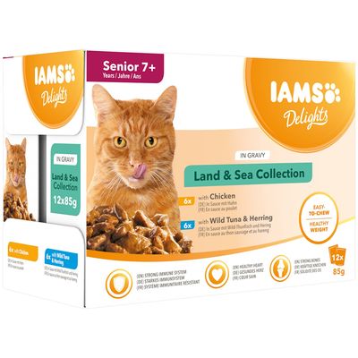 48 x 85g IAMS Delights Υγρή τροφή για γάτες σε σάλτσα για ηλικιωμένους/γατάκια - 42 + 6 δωρεάν!*