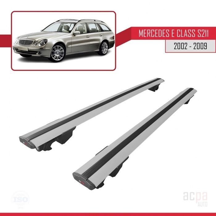 Barras de techo con gancho y portaequipajes compatibles con Mercedes Clase E (W211) SW 2002-2009, color gris.