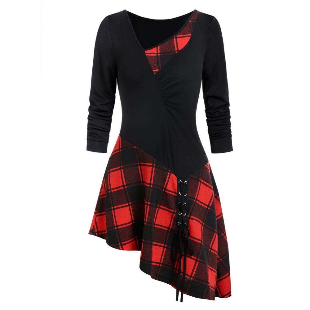 Robe longue à manches longues pour femme, épaules dénudées, lacets croisés, imprimé à carreaux, coupe asymétrique, style décontracté, tailles S à XXL.