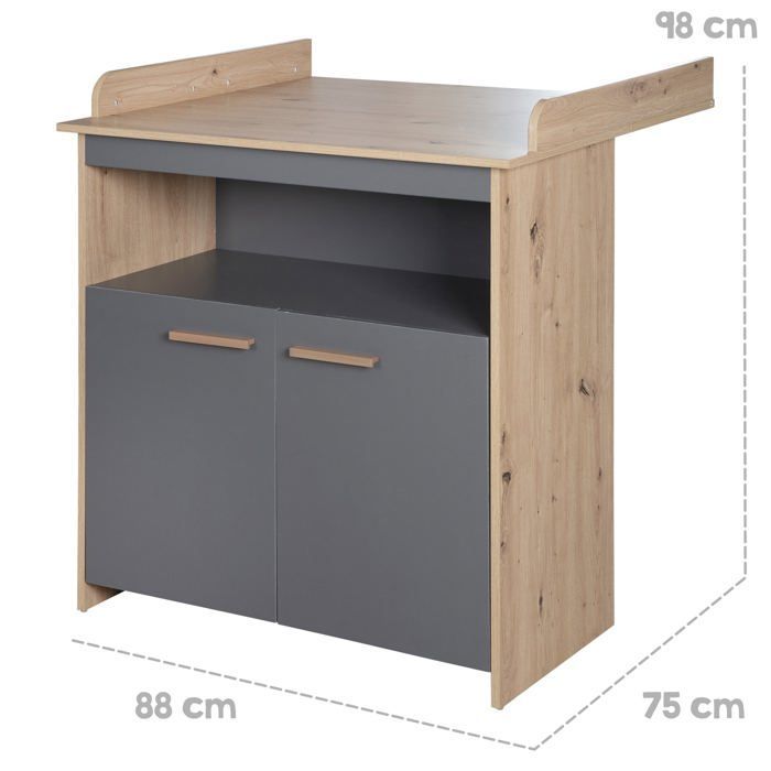 Commode à Langer Évolutive ROBA - Anna - 2 Portes 1 Compartiment Ouvert - Extension à Langer Amovible - Anthracite - Chêne Kent