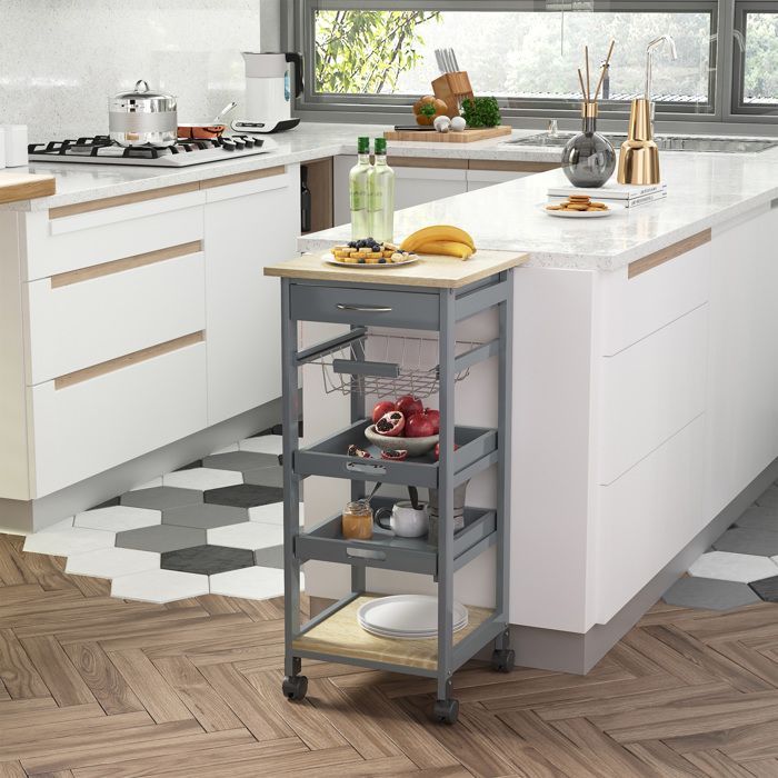 Carrito de servicio - HOMCOM - carrito de cocina con ruedas, cesta, 2 estantes extraíbles, cajón - MDF, pino - roble gris