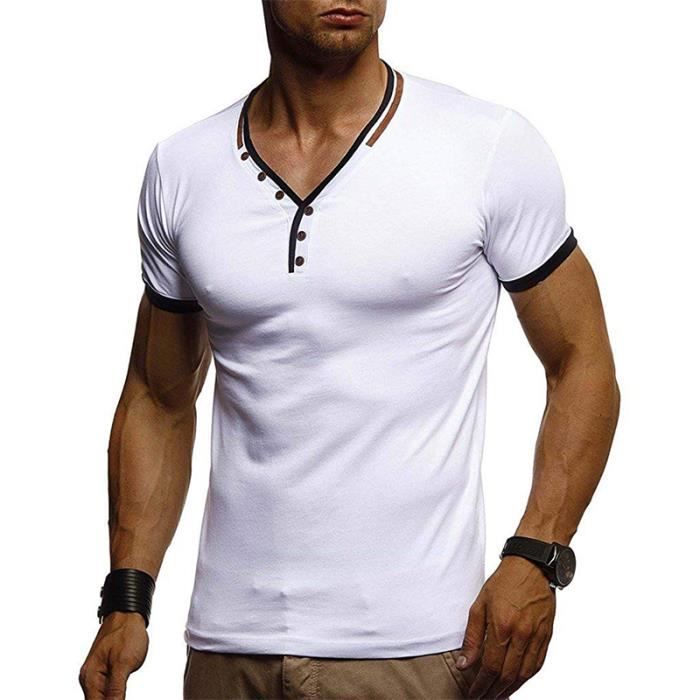 Men's T-shirt - LEOCLOTHO - Fitness V-neck Slim fit short sleeves - White - 65% Cotton