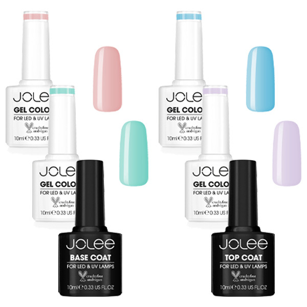 JoLee gēla nagu laku komplekts 6x10ml - 4 krāsas + virsējā un pamatne