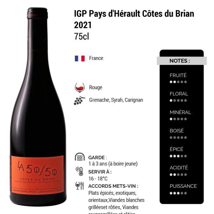 Pays d'Hérault Côtes du Brian La 50-50 Rouge 2021 - Lot de 6x75cl - Domaine Anne Gros et Jean-Paul Tollot - Vin IGP Rouge du