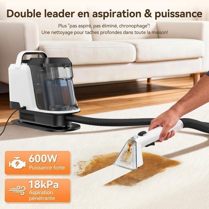 Uwant Y100 Smacchiatore Multisuperficie - 18 kPa - Per divani, tappeti, materassi - 600 W - Autopulente - Doppio serbatoio da 1,2 litri