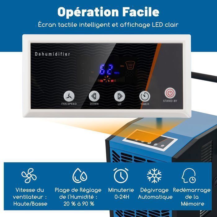 Deshumidificador profesional COSTWAY 66 L/día - Hasta 418 m² - 2 velocidades de ventilador - Temporizador de 24 horas - Bomba - Manguera de desagüe - Azul