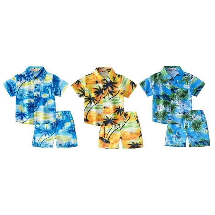 Conjunto de camisa hawaiana de manga corta y pantalones cortos de playa con cintura elástica, conjunto de verano de 2 piezas para niños - Amarillo