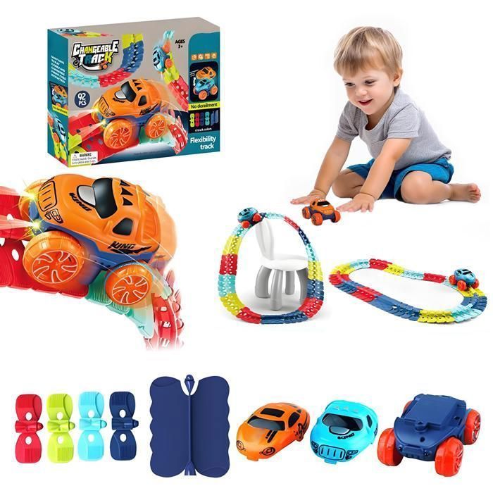 Circuit Voiture Enfant, 92 Pièces Flexible Circuits Voitures Électrique avec 2 Voitures Cadeau Enfant pour Noël Anniversaire