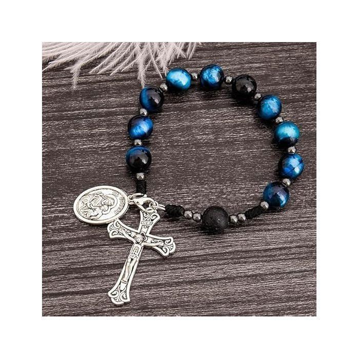 Nazareth Store Rosary Beads Tiger's Eye Blue Decade Handmade Saint Joseph Medal Cross Antique Silver Compact Prayer