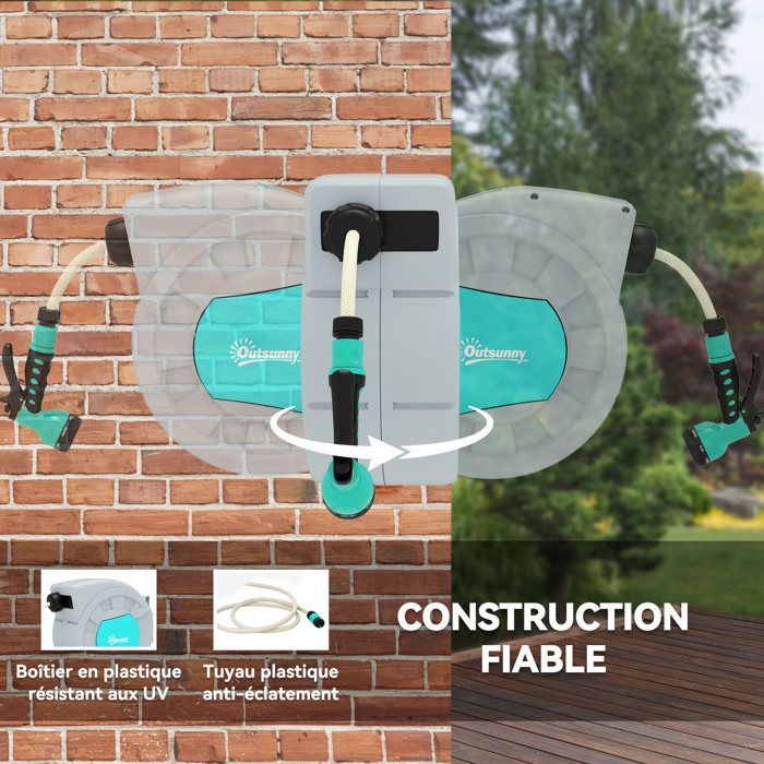 Outsunny garden hose reel - 25+2 m - wall mount + handle - 180° swivel - 7 spray patterns - grey
