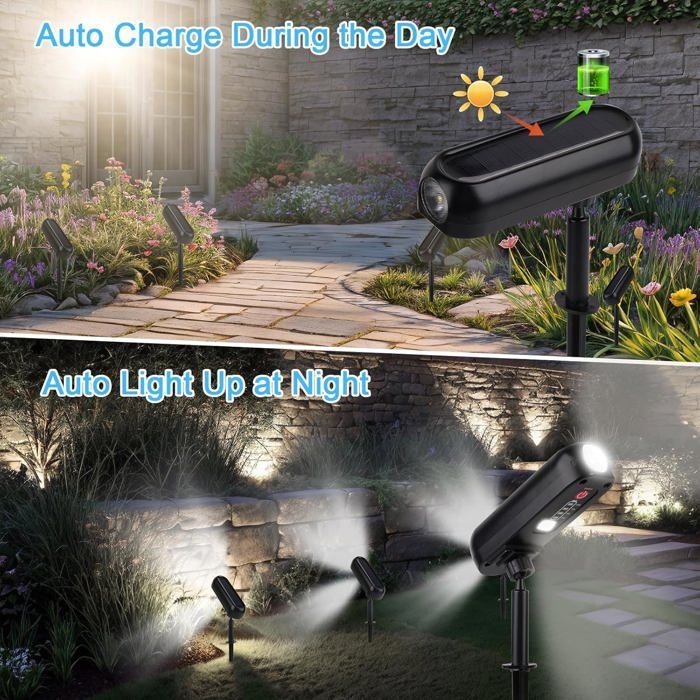 Juego de 4 focos solares de 6000K para exteriores, resistentes al agua (IP65), con 2 modos de iluminación.