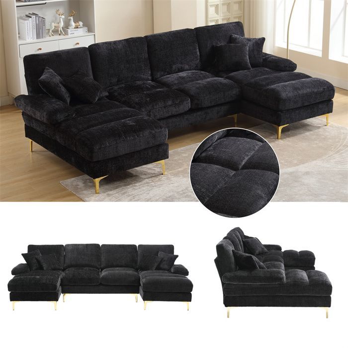 DRIPEX 4/5 Seater Chenille Fabric Sofa, Modern U-Shaped Sofa with 4 Cushions for Living Room, Bedroom, Black