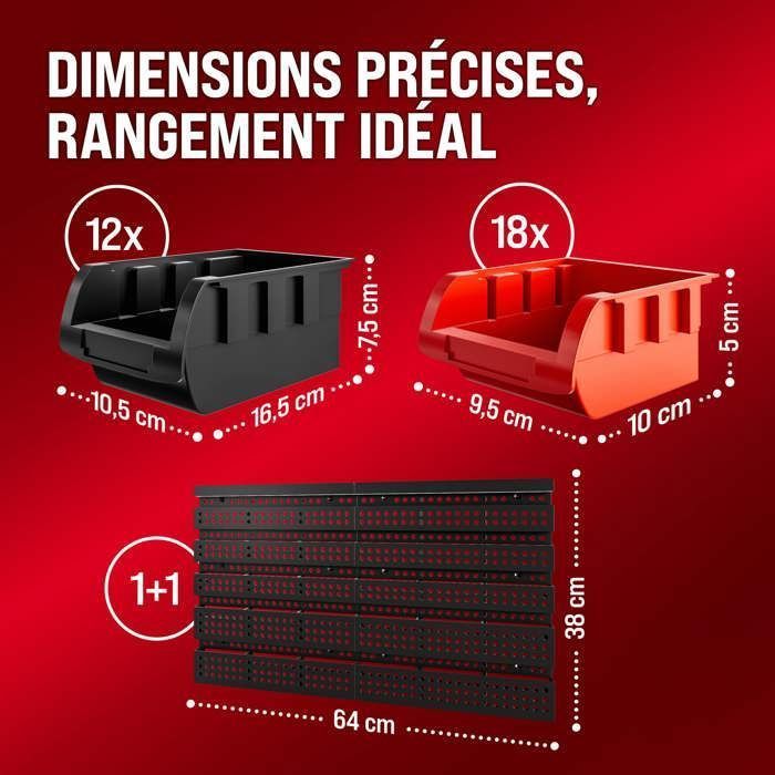 Estantería de herramientas de pared DEUBA® con 30 cajas de almacenamiento apilables y 2 paneles de pared extensibles para almacenamiento en el taller.
