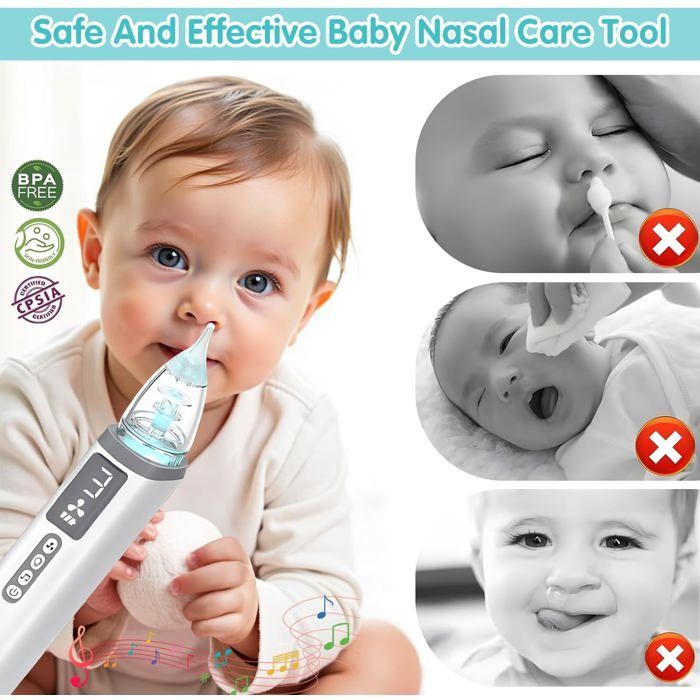 Electric Baby Nasal Aspirator with 3 Soft Silicone Tips, Baby Nasal Aspirator with 3 Suction Levels, Light and Soothing Music