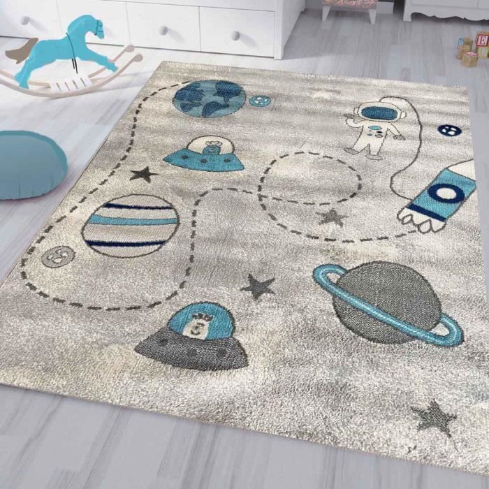 Tappeto per bambini - VIMODA - Motivo Astronauti e Pianeti - 120x170 cm - Antiscivolo - 100% Polipropilene