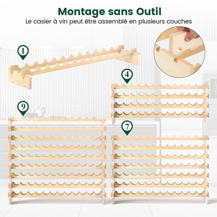 Botellero modular COSTWAY con 9 estantes para 108 botellas, botellero y soporte para botellas de madera de pino, 120 x 29 x 106 cm
