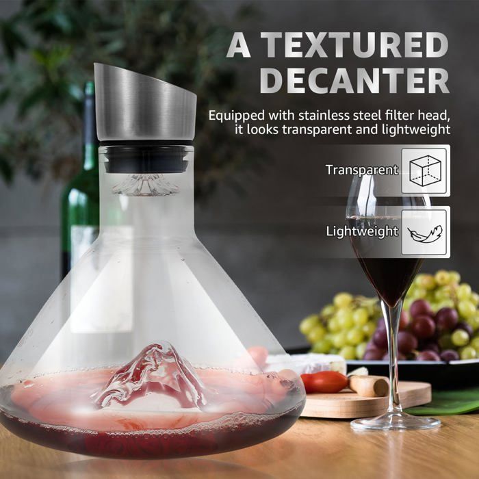 Carafe à vin rouge Iceberg avec aérateur, verre cristal, 1500 ml, acier inoxydable, bec verseur anti-gouttes(transparent)