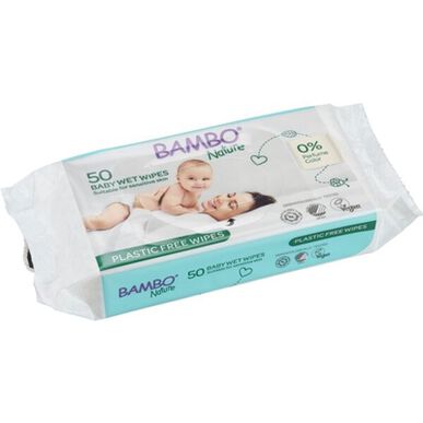 Bambo Nature våtservetter för baby, plastfria, biologiskt nedbrytbara våtservetter för bebisar, 50 st