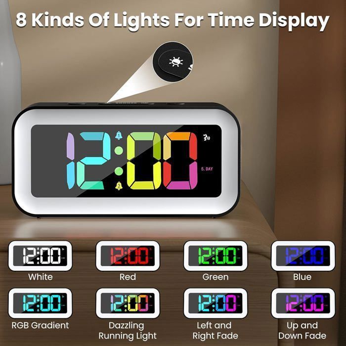 Réveil Numérique, Reveil Enfant Lumineux avec Veilleuse 7 Couleurs, LED Horloge Digitale, Ado Reveil Matin, avec 2 Modes d'Alarme