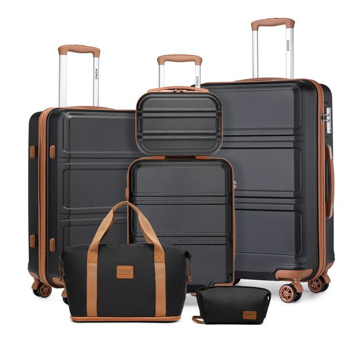 Juego de maletas de viaje Kono de 6 piezas (28/51,5/65/75 cm) + bolsa de viaje deportiva con neceser de maquillaje, color negro.