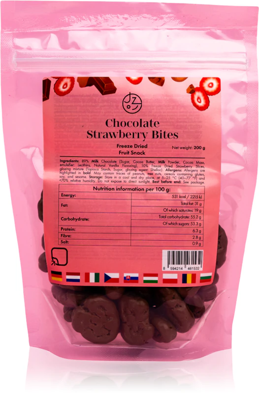 Wij eten gezond. Gevriesdroogde aardbeienplakjes in chocolade. 200 g gevriesdroogde groenten in chocolade.