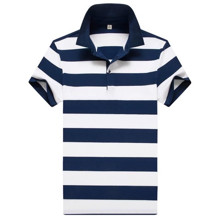 Polo de hombre a rayas, manga corta, elegante, transpirable y de tejido cómodo - Blanco