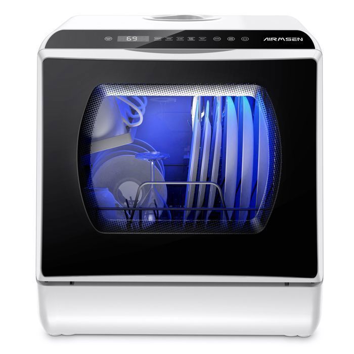 AIRMSEN Mini tafelmodel vaatwasser voor 4 couverts, geen aansluiting nodig, 7 programma's, 5 liter tank, LED-display voor studio