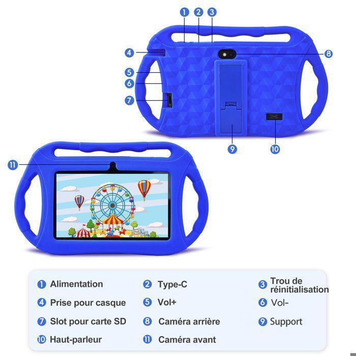 Tablet infantil Veidoo de 7 polegadas, tablet Android, 2 GB + 32 GB, tela sensível ao toque HD de 1024 x 600, tablet educacional com Wi-Fi - Azul escuro