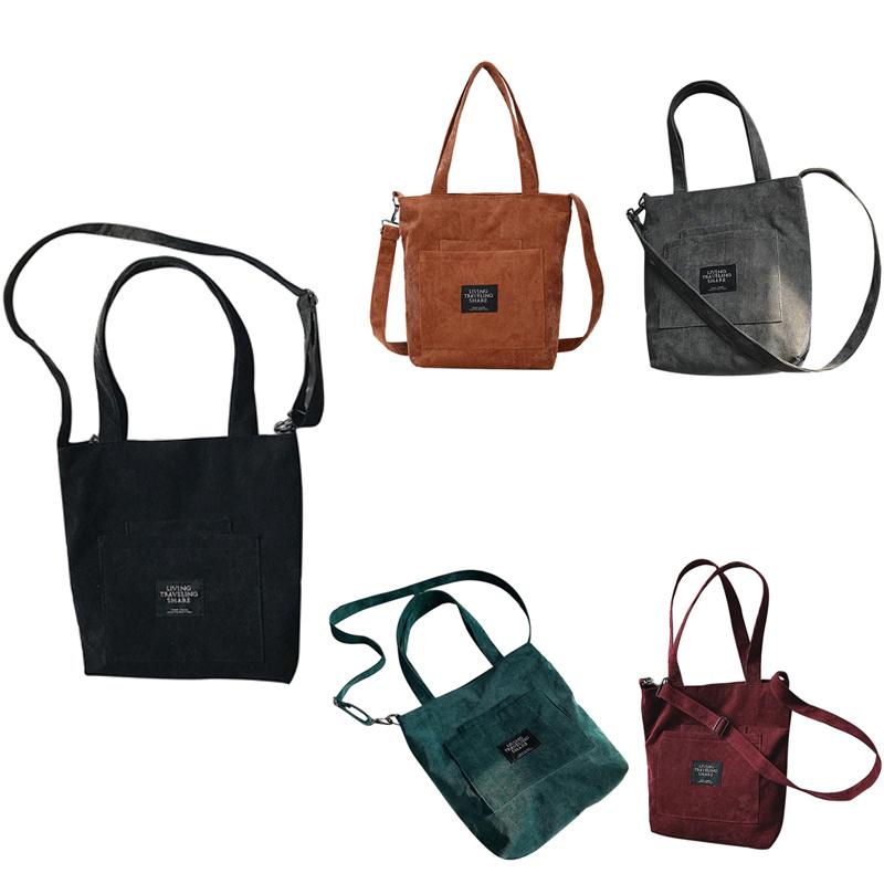 Borsa a tracolla da donna in velluto a coste e tela, borsa casual pieghevole per la spesa, borsa da spiaggia, borsa a mano in cotone.