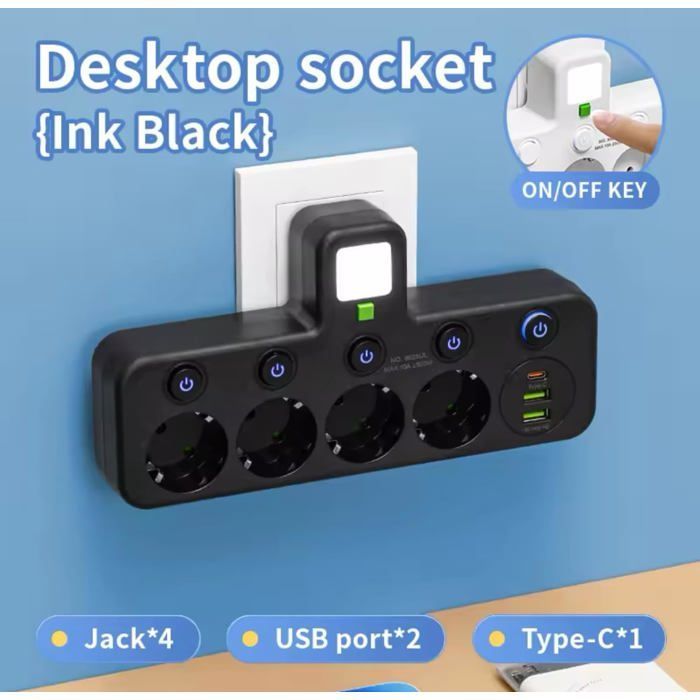 5 en 1 Multiprise Electrique, 2500W / 10A, avec 4 Prises Française 2 USB A et 1 Type C, Noir