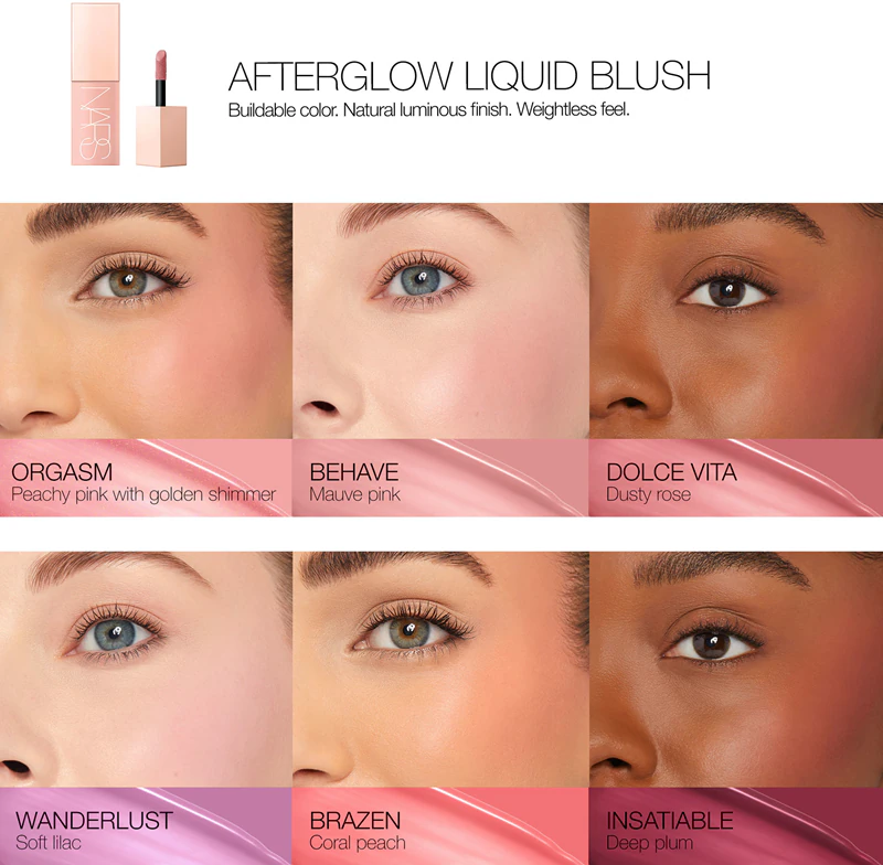 NARS Afterglow LIQUID BLUSH: blush líquido que proporciona à pele um aspecto radiante.