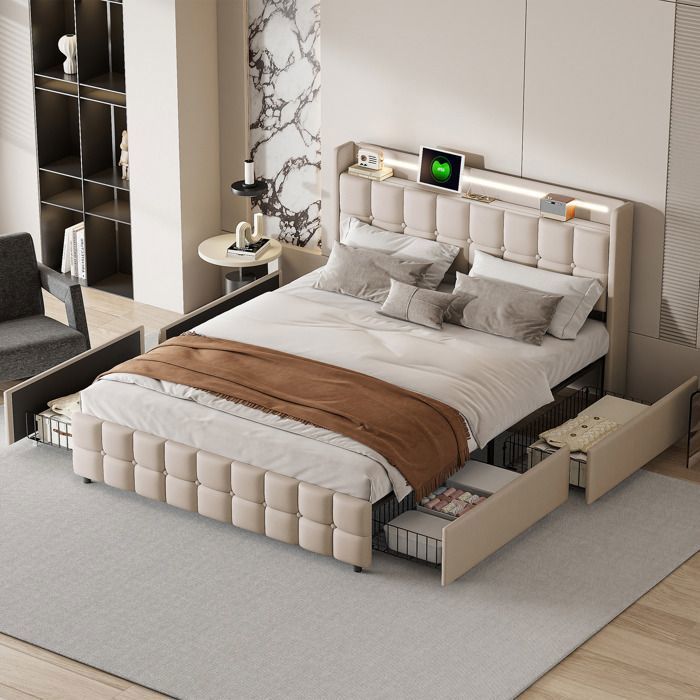 Cama doble de 140x200 cm con iluminación LED y 4 cajones, puerto USB, cama individual de 140x200 cm con somier de láminas, cama de 140x200 cm, tela de lino, beige