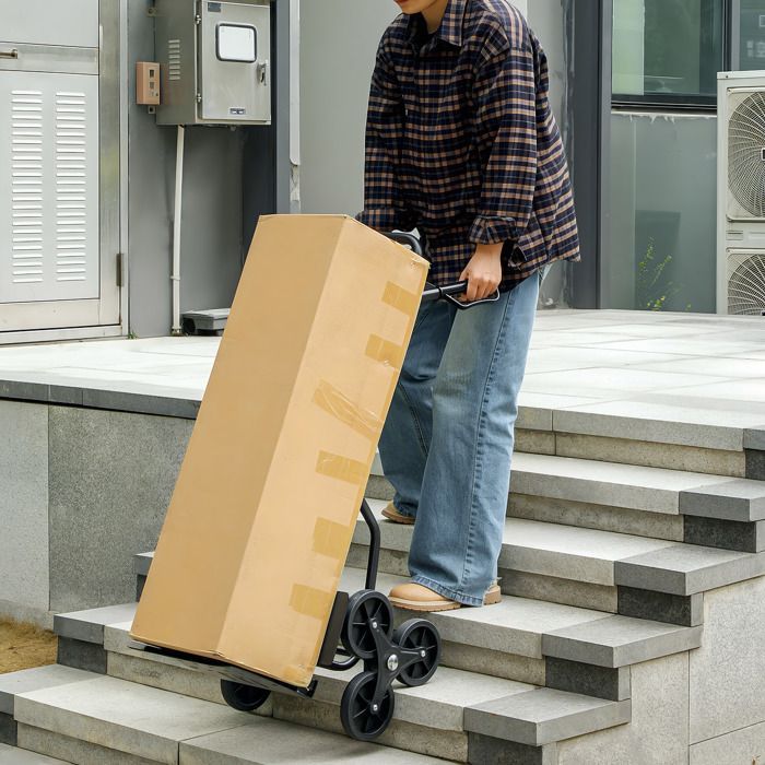 Carretilla elevadora para escaleras - DURHAND - plegable - 120 kg - 6 ruedas - cuerdas telescópicas - estructura de acero - 44x38x106,5 cm - negra