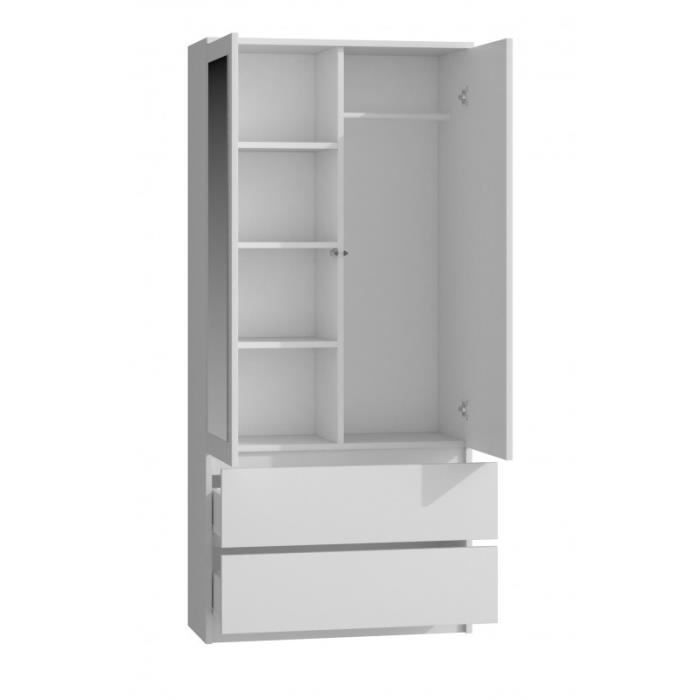 TURIN - Armoire 2 portes avec miroir style moderne chambre à coucher - 90x50x180 - 2 tiroirs