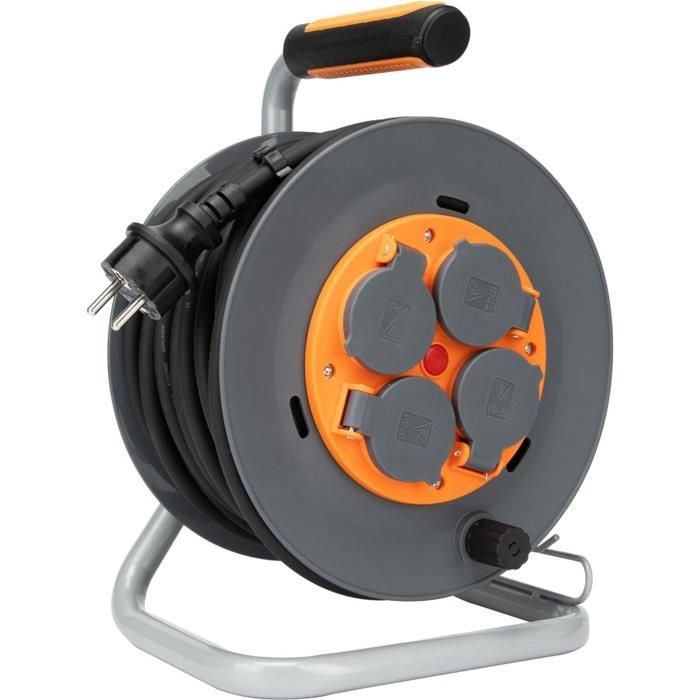 Carrete de cable para obras IP44 con 4 tomas de 16 A, cable 3G1.5mm², 25 m de cable - Naranja - Zenitech