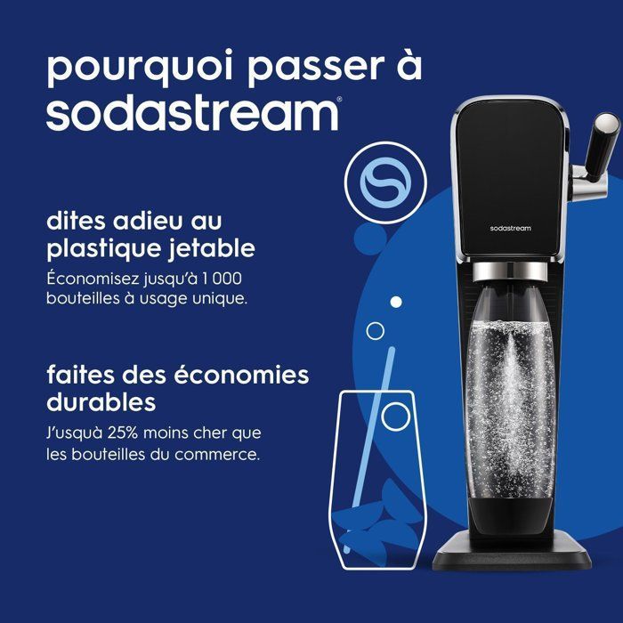 Machine à soda et eau pétillante - SODASTREAM - ART - 1 bouteille compatible lave-vaiselle - 1 recharge de gaz 60 L - Noir