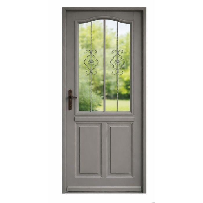 Puerta de entrada de madera Santiago Quartz Grey con cristal, 200 cm de alto x 90 cm de ancho, lado derecho.