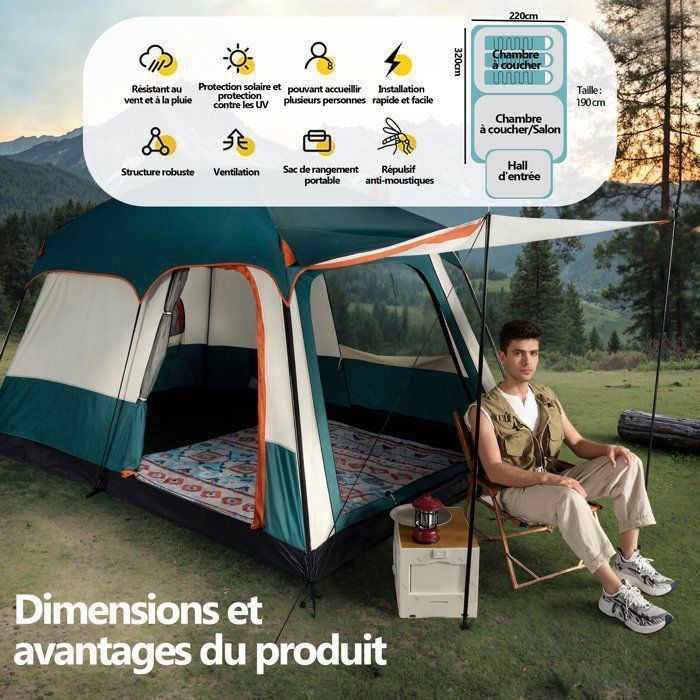 5 à 6 Personnes,Tente de Camping,Tente familiale avec 1Salon et 2Chambre,310*210*180CM,imperméable PU2000 mm camping familiale Bleu
