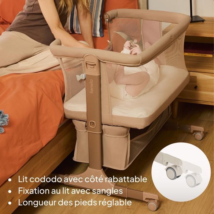 Berço infantil LIONELO Jodie 3 em 1 para dormir junto com o bebê - Altura e inclinação ajustáveis - Colchão de alta densidade - Verde