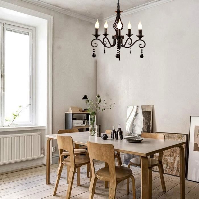 Lampadario Ganeed, stile vintage industriale francese country con cristalli neri, 5 luci, per sala da pranzo, attacco E14.