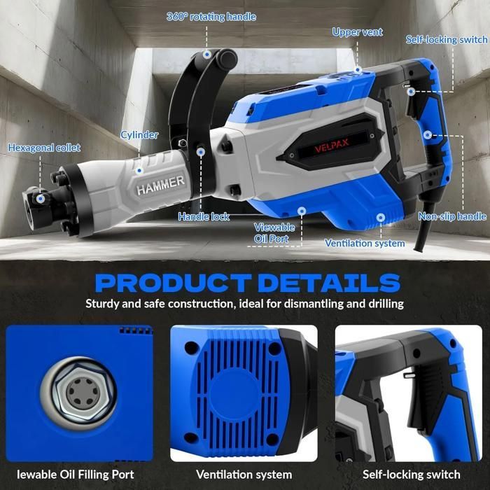 Πιστολέτο κατεδάφισης 3500W 75J, Πιστολέτο κατεδάφισης 2100 BPM, με 2 αντικαταστάσιμες σμίλες