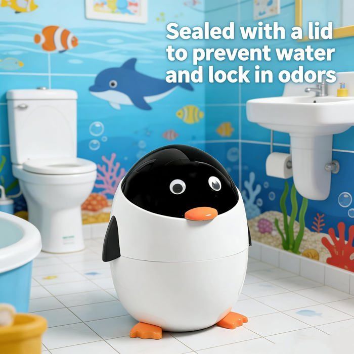 Pinguïn kinderprullenbak van 12 liter - met uitneembare binnenemmer, dierenthema decoratie voor slaapkamer of badkamer, wit