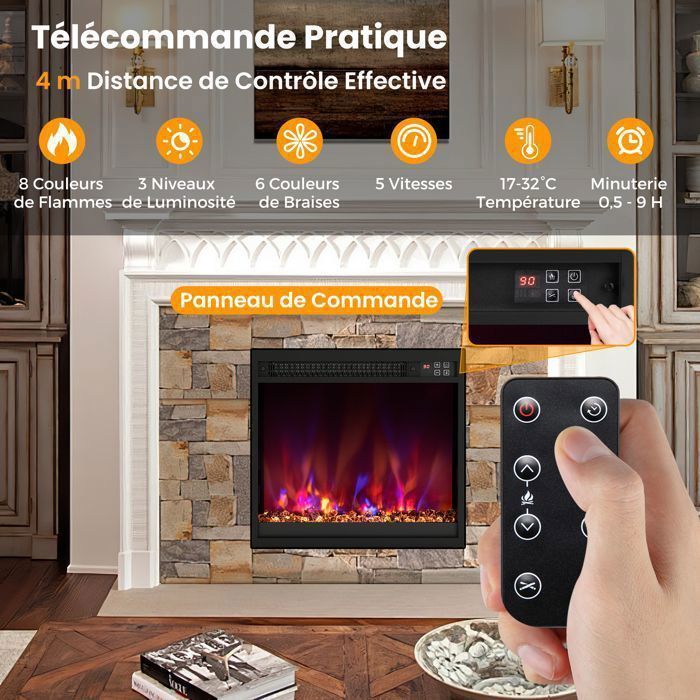 Cheminée Électrique Encastrable - RELAX4LIFE - 1500W - 5120 BTU - Chauffage 17-32°C - 37m² - 8 Couleurs - Thermostat - 49X45CM